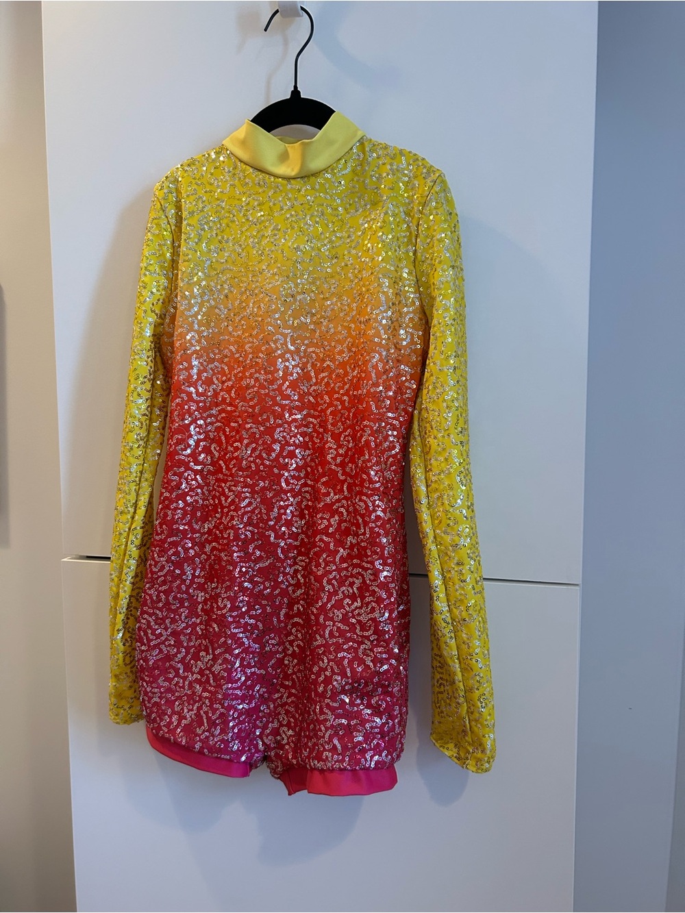 Weissman “Chained to the Rhythm“ Yellow to Red Ombre Sequin Biketard - Size LC